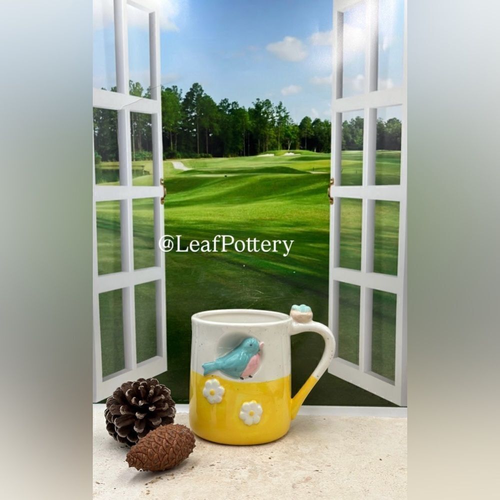 Extra Large Ceramic Bird & Daisy Coffee Mug - 24oz Oversized Tea Cup - Picture 4 of 11